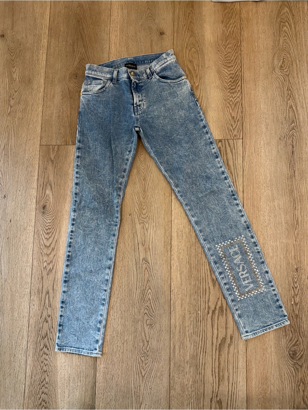 Versace Washed Blue Women’s Jeans with Embellished Leg